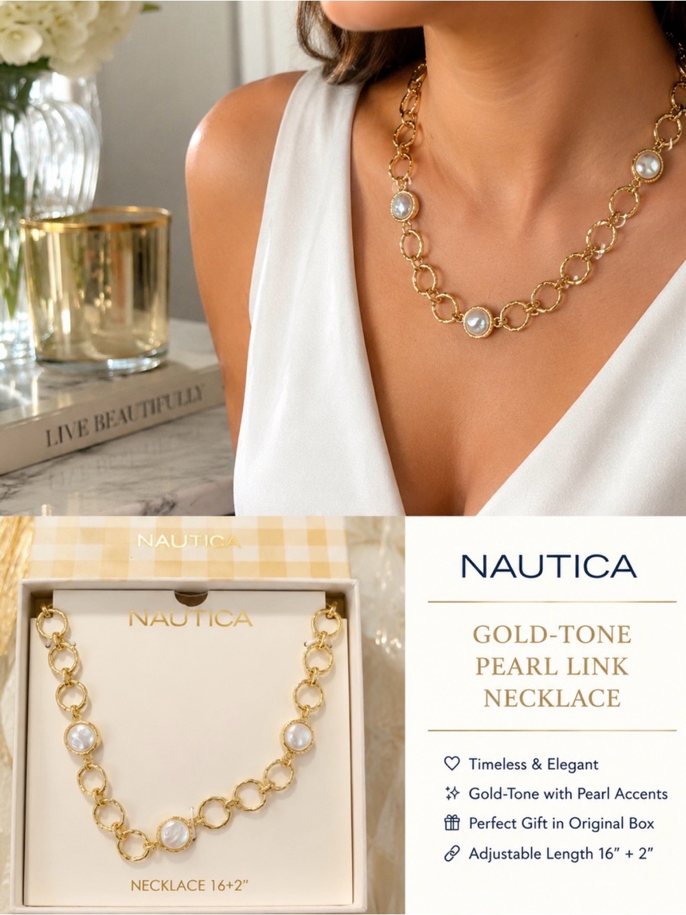 Nautica Gold and Pearl Link Necklace